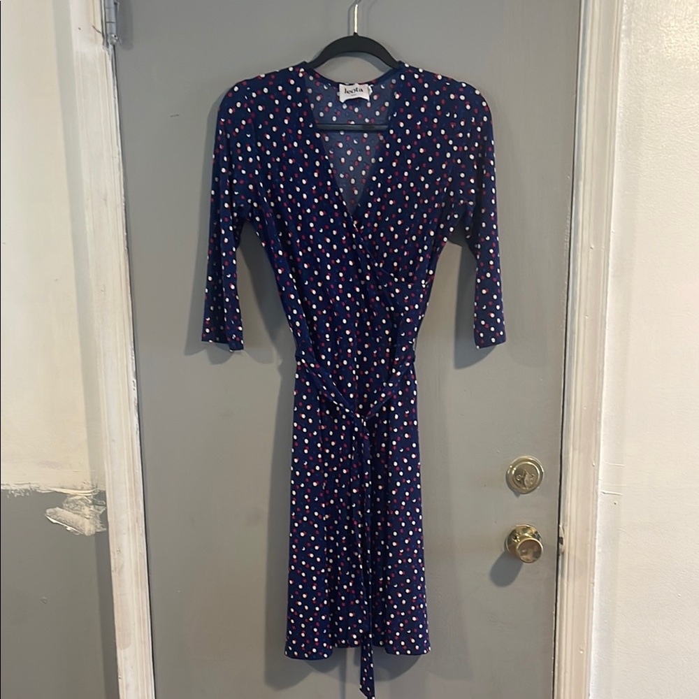 LEOTA Elegant Navy Polka Dot Wrap Dress M